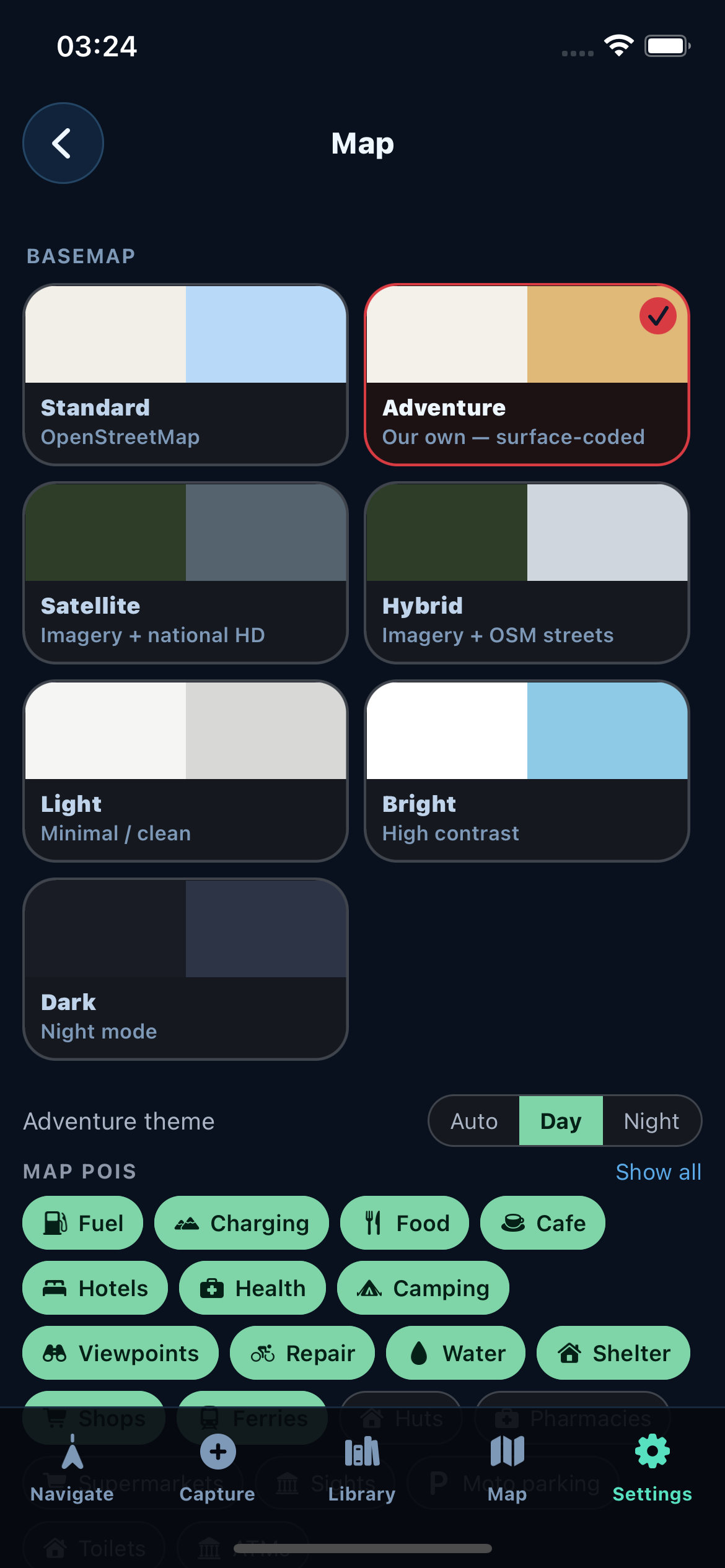 Settings → Map with the Adventure basemap selected