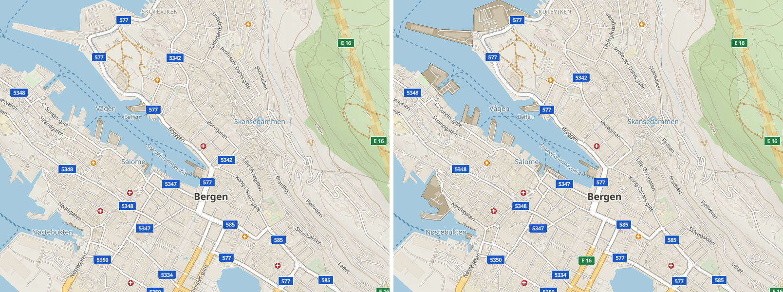 Vågen, Bergen at z14: before and after